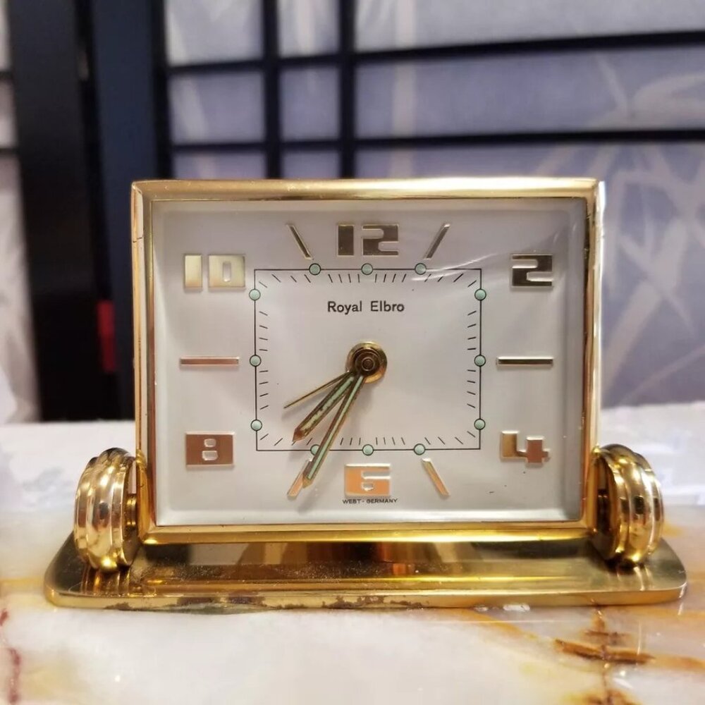 Vintage Brass Royal Elbro Desk Clock w/ Carrara Marble Base Italy - Works